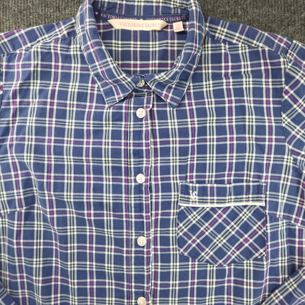 Victoria's Secret Plaid Sleep Shirt Womens XS Blue Pink Button Down Roll Tab Top